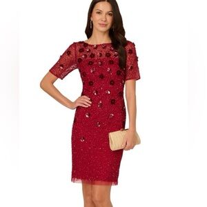 NWT Adrianna Papell Red Beaded/floral accents Cocktail Dress
